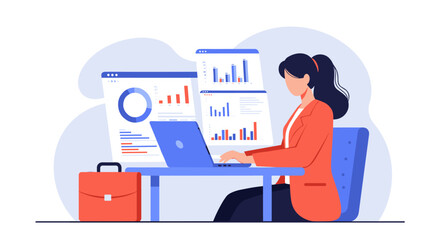 Businesswoman analyzing data on laptop with charts and graphs in modern office setting