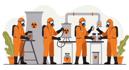Safety measures in nuclear laboratory with workers in protective gear