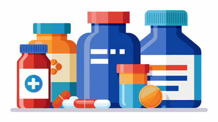 Vector art of an assortment of medicine bottles and pills for various health treatments, isolated on white background