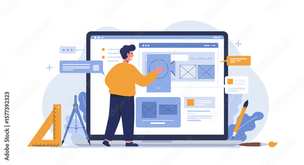 Poster web design concept with designer at large screen creating wireframes