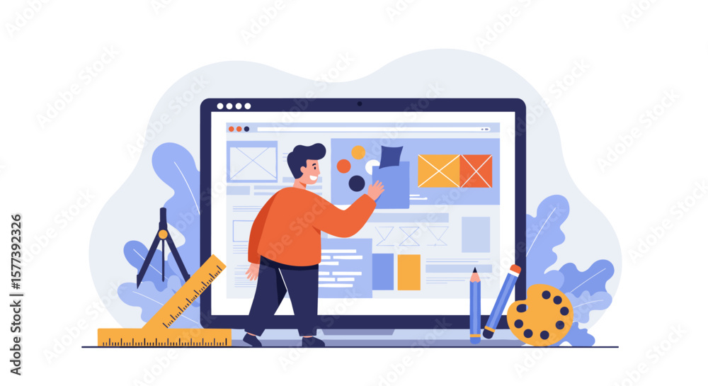 Fototapete website design concept with character working on draft in modern workspace