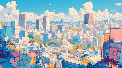 青空と雲が印象的な夏の都市風景、ビル街と住宅地が広がるパノラマ風イラスト、どこか懐かしい色彩と線で描かれた、シティポップやレトロ未来感あふれる素材