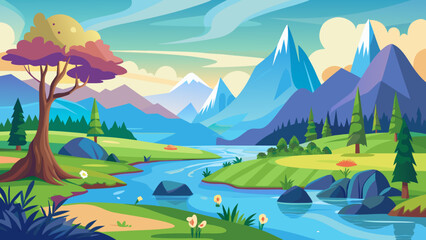Vector art of a tranquil cartoon landscape with mountains, a river, and lush greenery