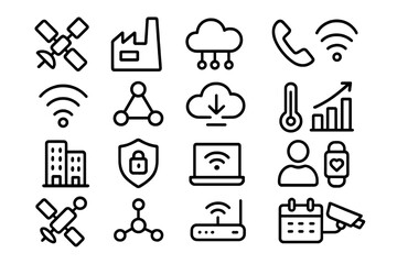 Black linear technology icons set on dark background for digital applications