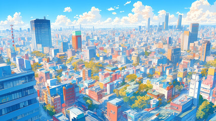 都会の風景と夏の空、入道雲と澄んだ青空、ビルが立ち並ぶシティスケープをシンプルなタッチで描いたイラスト、レトロなテイストと現代の融合が魅力の街並み素材