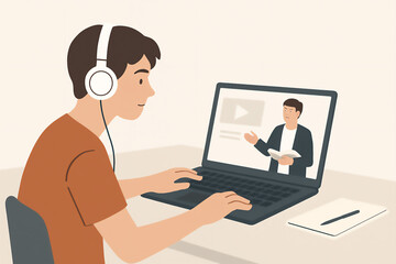 Boy learning through online video class on laptop with headphones and book attending remote education lesson at home