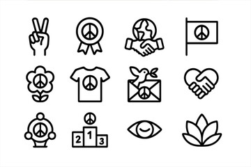 Peace and harmony icons set featuring symbols of unity and love in linear design