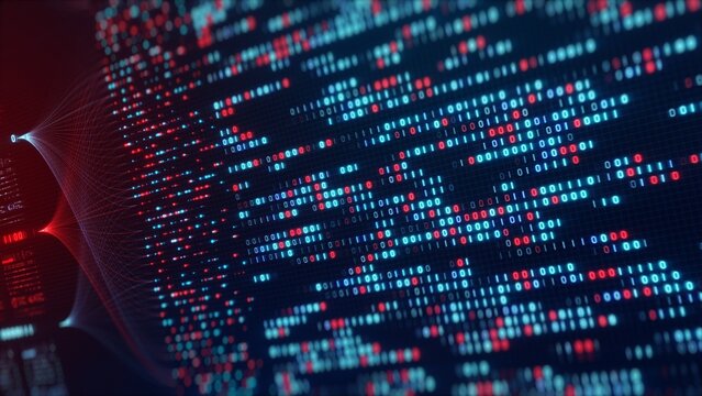 Neural Network Big Data Flow Visualization, Binary Code Matrix, AI Machine Learning Abstract Background, Quantum Computing, Cyber Security, Futuristic Technology Artificial Intelligence Digital Grid