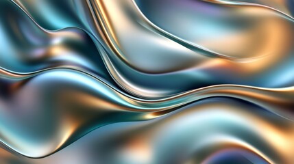 Obraz premium Fluid iridescent background features glossy waves of metallic teal and gold tones, creating a modern, luxury, abstract design.