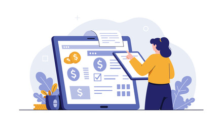 Woman analyzing financial data on tablet in modern flat design concept