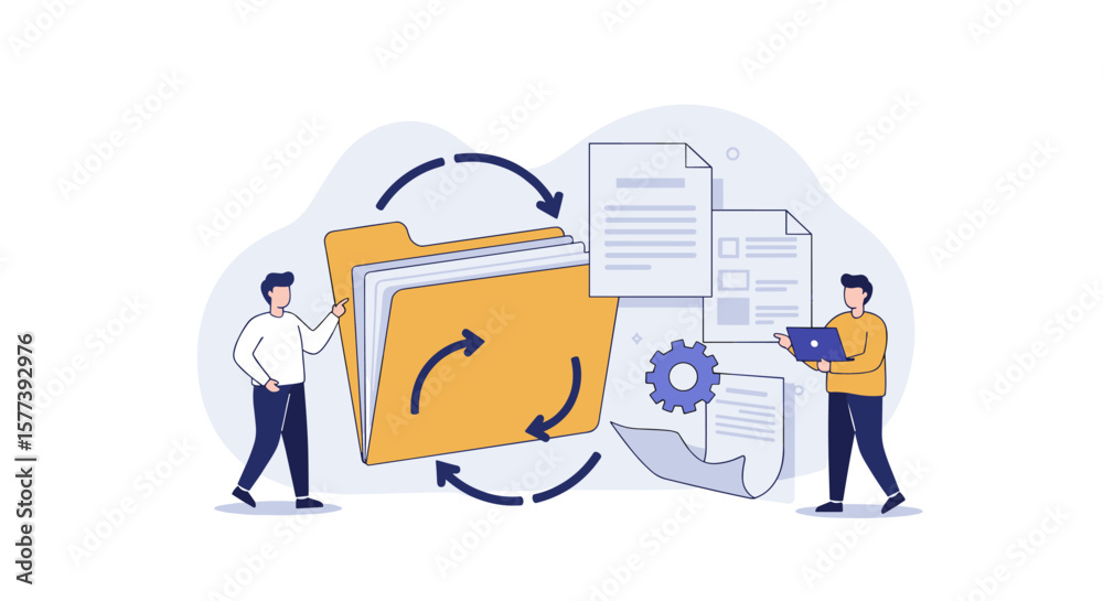 Poster data synchronization concept with teamwork and efficient file management