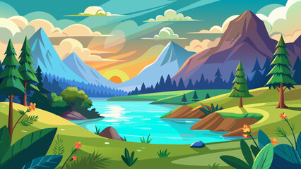 Vector art of a vibrant cartoon landscape showcasing majestic mountains, a tranquil lake reflecting the sunset, and lush greenery © Design one