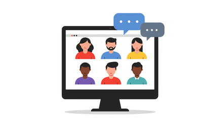 Video conference call illustration with diverse team on computer screen