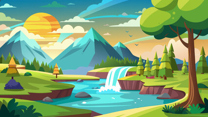 Naklejka premium Vector art of a cartoon landscape featuring majestic mountains, a cascading waterfall, and lush trees under a bright sun