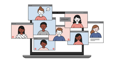 Virtual meeting with diverse cartoon avatars on laptop screen