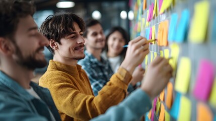 Group of people collaborating on a project with sticky notes on a wall in an office setting together