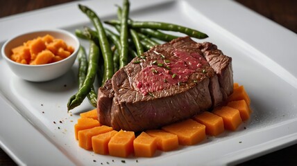 Grilled Steak with Sweet Potato and Green Beans on White Plate
