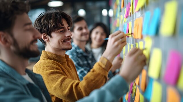 Group of people collaborating on a project with sticky notes on a wall in an office setting together