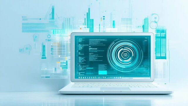 White laptop displaying advanced technological interface with circular email icon, digital cityscape background with abstract geometric elements in turquoise tones.