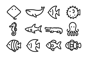 Obraz premium Linear style marine animal icons on dark background