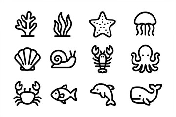 Minimalist marine icons: sea creatures line art collection