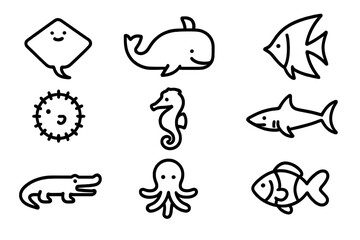 Obraz premium Cute outline sea creatures icon set for kids' projects