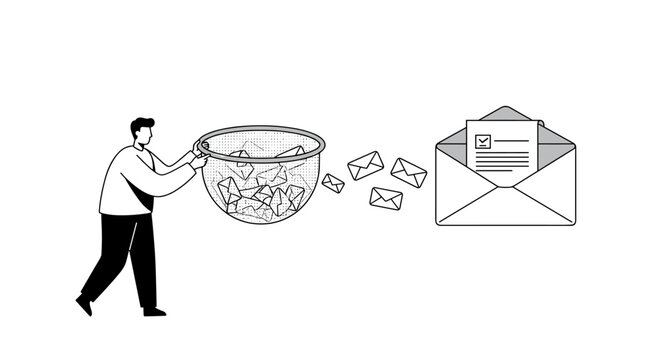 Efficient email filtering: man collecting letters with net for inbox management