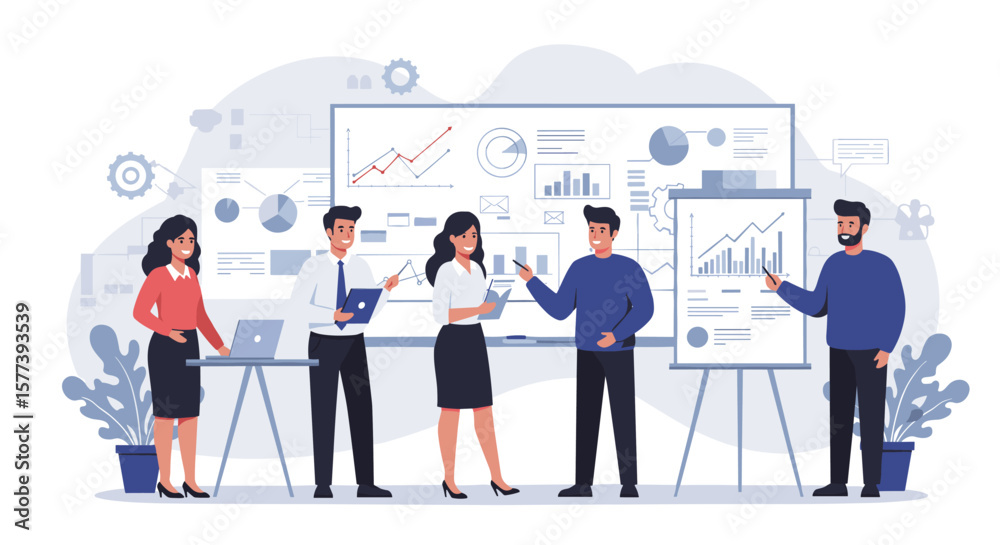 Poster team meeting and data analysis concept with charts and graphs in flat style