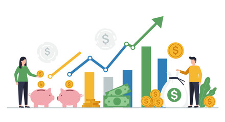 Financial growth and savings concept with graphs and piggy banks