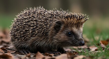 Naklejka premium Close-up portrait of a European hedgehog (Erinaceus europaeus) in its natural woodland habitat, foraging among autumn leaves and grass.