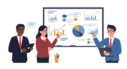 Business team analyzing data charts in a modern office setting
