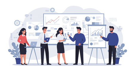Team meeting and data analysis concept with charts and graphs in flat style