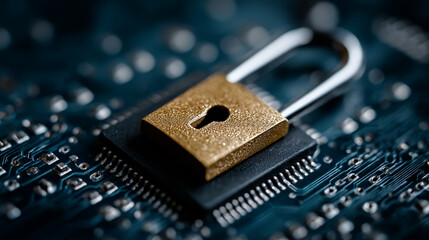 Golden padlock symbolizing digital security resting on a microchip, illustrating robust data protection in the technological age.