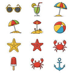  Summer Illustrations. A set of simple, cute icons vacation 
beach sun transparent vectors  