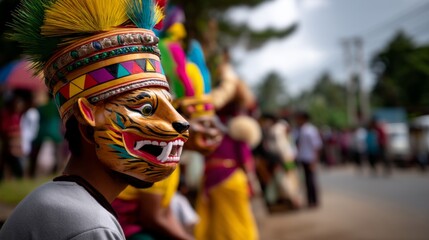 Fototapeta premium Embracing Cultural Tradition: Person Adorned in Local Festival Mask with Symbolic Meaning, High-Angle View, Depth of Field Composition