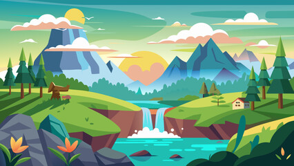 Naklejka premium Vector art of a vibrant cartoon landscape featuring mountains, a river with a waterfall, and lush greenery under a bright sunny sky