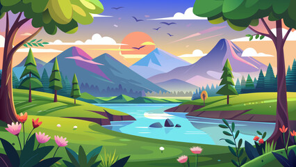 Obraz premium Vector art of a picturesque cartoon landscape features a winding river flowing through green hills and towering mountains under a vibrant sky with birds