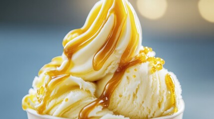 Creamy Vanilla Bean Ice Cream with Drizzle of Caramel Sauce