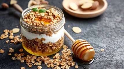 Crunchy Granola Layered with Honey and Greek Yogurt in a Jar