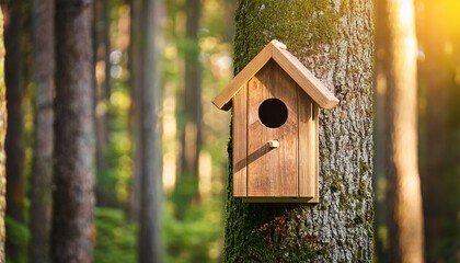 wooden birdhouse nestled in a sunlit forest
