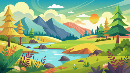 Obraz premium Vector art of a vibrant cartoon landscape featuring a winding river flowing through rolling hills and majestic mountains