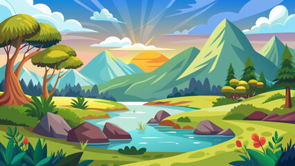 Obraz premium Vector art of a vibrant cartoon landscape features a winding river flowing through lush green hills and towering mountains under a bright, sunny sky