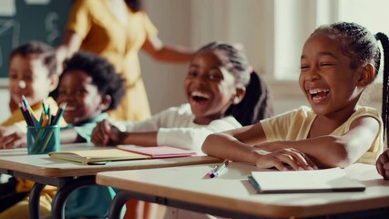 Young students sitting at desks, sharing laughter and enjoying educational moments during classroom lesson, reflecting childhood joy and learning environment - Powered by Adobe