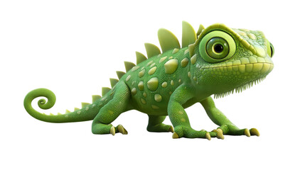 Obraz premium Cartoonish green chameleon is standing against a transparent backdrop.