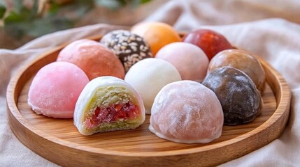 Delicate Japanese Mochi Ice Cream Assortment on Wooden Plate