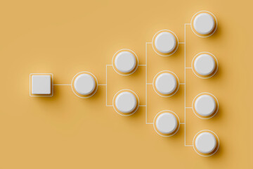 White circle with connecting lines diagram on yellow background. Organization structure concept, location chart, organization management and human resource management. 3D illustration