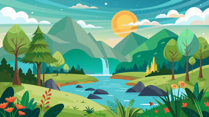 Vector art of a picturesque cartoon landscape features a waterfall cascading into a river, surrounded by lush greenery, mountains, and a bright sun