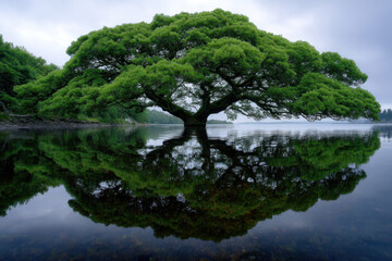 Majestic green tree reflects in calm waters at dawn near a serene lake