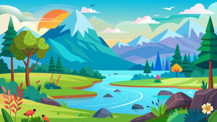 Vector art of a vibrant cartoon landscape features a winding river flowing through lush green hills, framed by majestic mountains under a bright, sunny sky