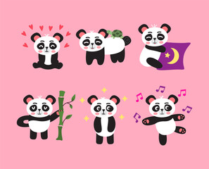 Illustration of cute panda stickers on a pink background.